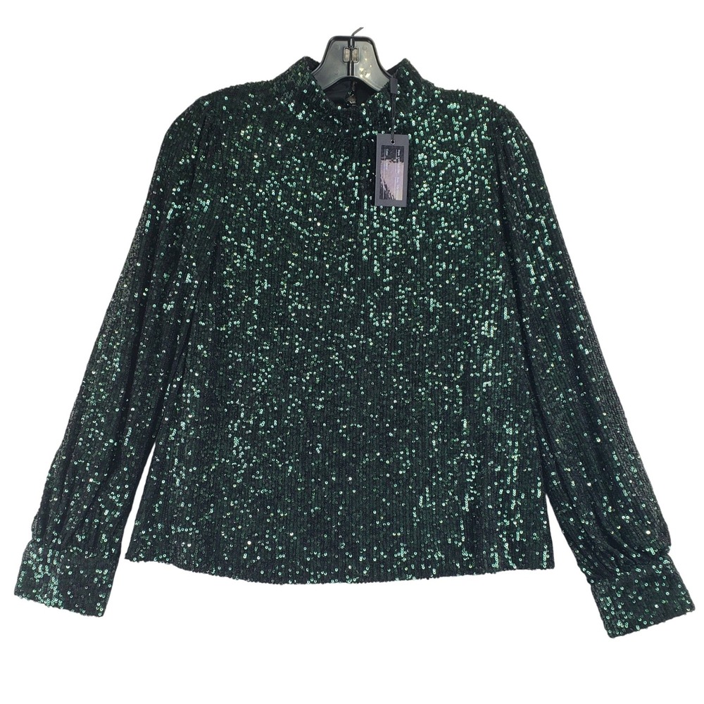 Cable & Gauge Sequin Blouse Womens XS Green Mock Neck Long Sleeve Holiday